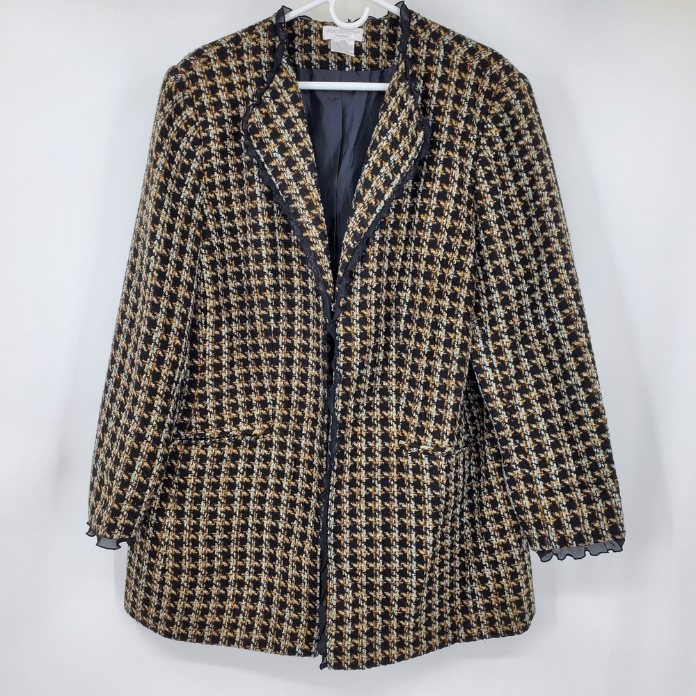 Worthington Woman Plus 20W Tweed Houndstooth Blazer Ruffle Trim Black Brown Blue
